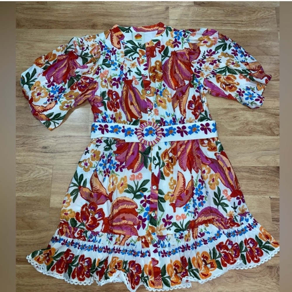 NWT FARM Rio White Spring Bananas Dress Belt & Pockets Multi Color Floral Large